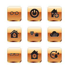 Set Glasses, Smart glasses, home settings, House with solar panel, humidity, Humidity and Power button icon. Vector