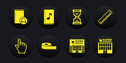 Set Pixel hand cursor, Ruler, Tape measure, Supermarket building, Hourglass pixel, Audio book, and icon. Vector