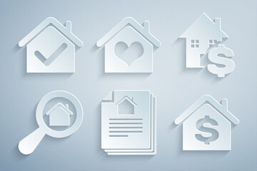 Set House contract, with dollar, Search house, heart shape and check mark icon. Vector