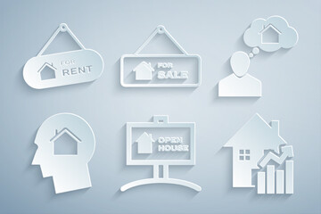 Set Hanging sign with Open house, Man dreaming about buying, Rising cost of housing, For Sale and Rent icon. Vector