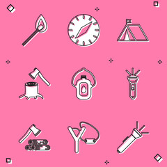 Set Burning match with fire, Compass, Tourist tent flag, Wooden axe stump, Canteen water bottle, Flashlight, and wood and Slingshot icon. Vector