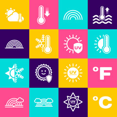 Set Celsius, Fahrenheit, Thermometer with sun, Rainbow, snowflake, and cloud, and UV protection icon. Vector