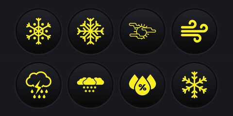 Set Cloud with rain and lightning, Wind, snow, Water drop percentage, Fog sun and Snowflake icon. Vector
