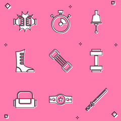Set Punch in boxing gloves, Stopwatch, Ringing bell, Sport shoes, Chest expander, Dumbbell, bag and Boxing belt icon. Vector