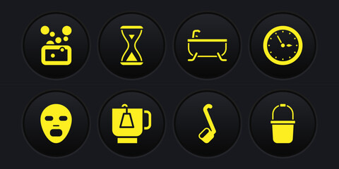 Set Facial cosmetic mask, Sauna clock, Cup of tea with tea bag, ladle, Bathtub, hourglass, bucket and Bar soap icon. Vector