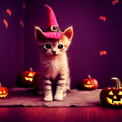 A cute computer generated kitten wearing a witches hat in a halloween setting background. A.I. generated art.