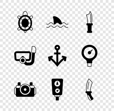 Set Turtle, Shark, Diving knife, Photo camera for diver, Gauge scale, mask with snorkel and Anchor icon. Vector