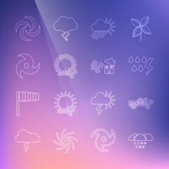 Set line Cloud with snow and rain, Wind, Storm, Cloudy sun, Tornado, and swirl icon. Vector