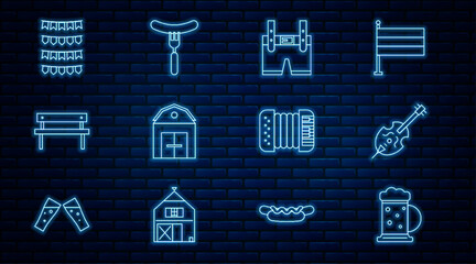 Set line Wooden beer mug, Violin, Lederhosen, Farm House, Bench, Carnival garland with flags, Accordion and Sausage the fork icon. Vector © vector_v