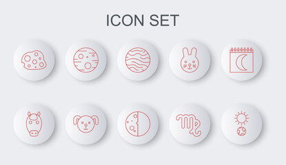 Set line Solstice, Horse zodiac, Planet Venus, Virgo, Asteroid, Mars, Dog and Eclipse of the sun icon. Vector