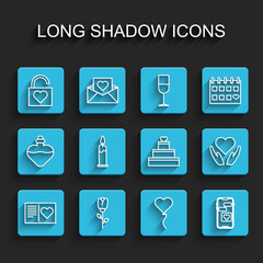 Set line Valentines day flyer with heart, Flower rose, Lock and, Balloon form of, Mobile, Burning candle, Heart hand and Wedding cake icon. Vector