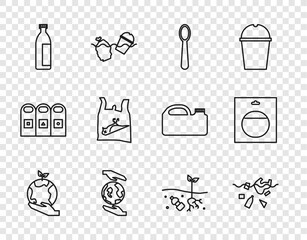 Set line Hand holding Earth globe, Problem of pollution planet, Disposable plastic spoon, Hands, Lotion cosmetic tube, Dead bird,, and Battery pack icon. Vector