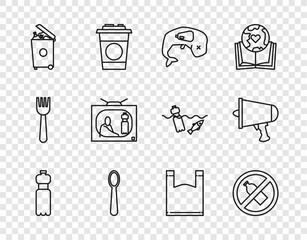 Set line Bottle of water, No plastic bottle, Environment protection whale dead, Disposable spoon, Trash can, Stop pollution, Plastic bag and Spread the word, megaphone icon. Vector
