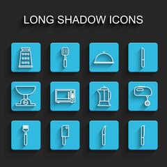 Set line Fork, Meat chopper, Grater, Knife, Bread knife, Microwave oven, Electric mixer and French press icon. Vector