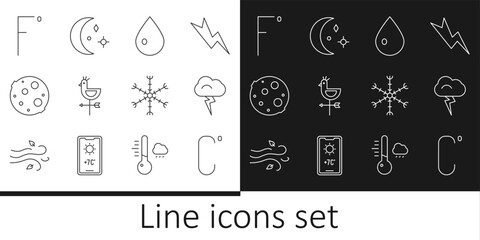 Set line Celsius, Storm, Water drop, Rooster weather vane, Moon, Fahrenheit, Snowflake and and stars icon. Vector - obrazy, fototapety, plakaty