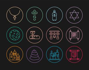 Set line Decree, paper, parchment, scroll, Monk, First communion symbols, Moon, Christian cross chain, Japan Gate and icon. Vector