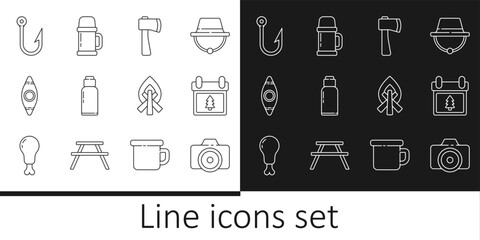 Set line Photo camera, Calendar with tree, Wooden axe, Canteen water bottle, Kayak or canoe, Fishing hook, Campfire and Thermos container icon. Vector