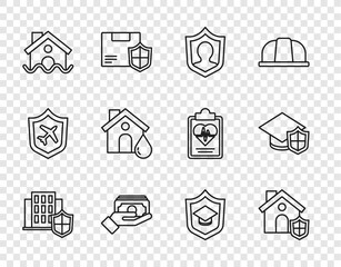 Set line House with shield, Life insurance, Stacks paper money cash, flood, Graduation cap and icon. Vector