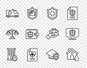 Set line Fire in burning house, House flood, Health insurance, Emergency car, Wallet with shield, Graduation cap and Location icon. Vector