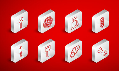 Set line Wrench spanner, Alloy wheel, Car air pump, Shock absorber, Timing belt kit, key with remote and icon. Vector