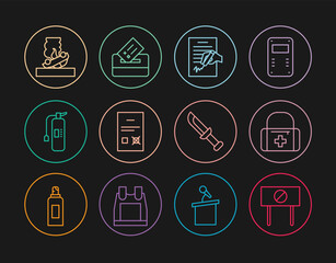 Set line Protest, First aid kit, Petition, Poll document, Fire extinguisher, Burning car, Military knife and Vote box icon. Vector