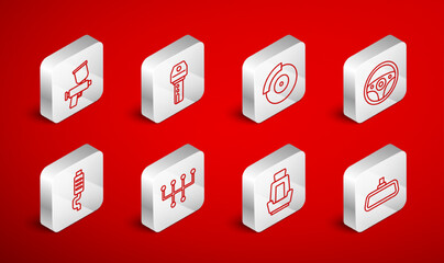 Set line Car mirror, key with remote, brake disk caliper, Steering wheel, seat, Paint spray gun, Gear shifter and muffler icon. Vector