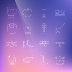 Set line Stopwatch, Boxing ring board, Fencing, Punching bag, Wrestling singlet, Bathroom scales, MMA glove and Fitness shaker icon. Vector