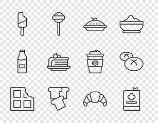 Set line Chocolate bar, Cookbook, Homemade pie, Bread toast, Ice cream, Piece of cake, Croissant and loaf icon. Vector