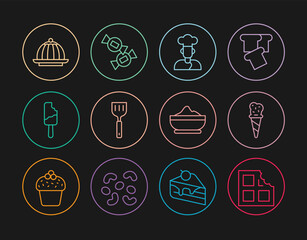 Set line Chocolate bar, Ice cream in waffle cone, Cook, Spatula, Pudding custard, Flour bowl and Candy icon. Vector