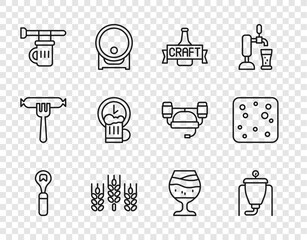 Set line Bottle opener, Beer brewing process, bottle, Wheat, Signboard with glass of beer, Happy hour, Glass and bubbles icon. Vector