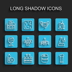 Set line Beer bottle, Pack of beer bottles, Store building shop, Metal keg, Glass, Cold and icon. Vector