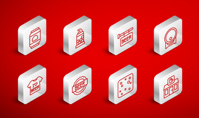 Set line Store building of beer shop, Bottle opener, Street signboard with Beer, Wooden barrel on rack, bubbles, can, cap and T-shirt icon. Vector