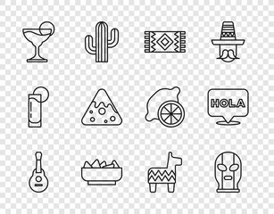 Set line Mexican guitar, wrestler, carpet, Nachos in bowl, Margarita cocktail, Pinata and Hola icon. Vector © vector_v