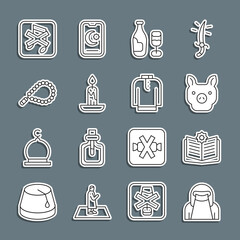 Set line Muslim woman in niqab, Holy book of Koran, Pig, Wine bottle with glass, Burning candle, Rosary beads religion, Speaker mute and Shirt kurta icon. Vector