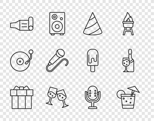 Fototapeta premium Set line Gift box, Cocktail, Party hat, Glass of champagne, Birthday party horn, Microphone, and Champagne bottle icon. Vector