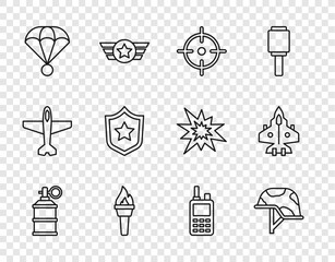Set line Hand smoke grenade, Military helmet, Target sport, Torch flame, Parachute, Police badge, Walkie talkie and Jet fighter icon. Vector