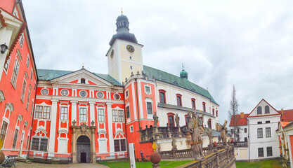 2022-04-21 Religious statues in front benedictine monastery. Broumov, Hradec Kralove, Czech Republic