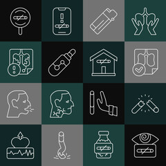Set line Hypnosis, Broken cigarette, Lungs x-ray diagnostics, Lighter, Electronic, Disease lungs, No smoking and at home icon. Vector