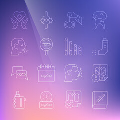 Set line Book with stop cigarette, Disease lungs, Inhaler, Hypnosis, No smoking, Man coughing, Heart cross and Smoking icon. Vector