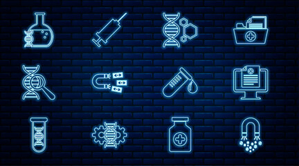 Set line Magnet with money, Clinical record monitor, Genetic engineering, DNA research, search, Test tube drop of blood and Syringe icon. Vector