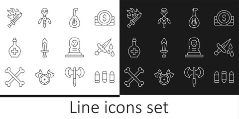 Set line Bullet, Sword with blood, Lute, for game, Bottle potion, Grave tombstone and Magic staff icon. Vector