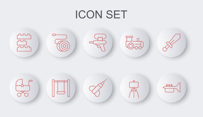 Set line Trumpet, Baby stroller, Water gun, Wood easel, Toy building block bricks, Yoyo toy, Swing and Dart arrow icon. Vector