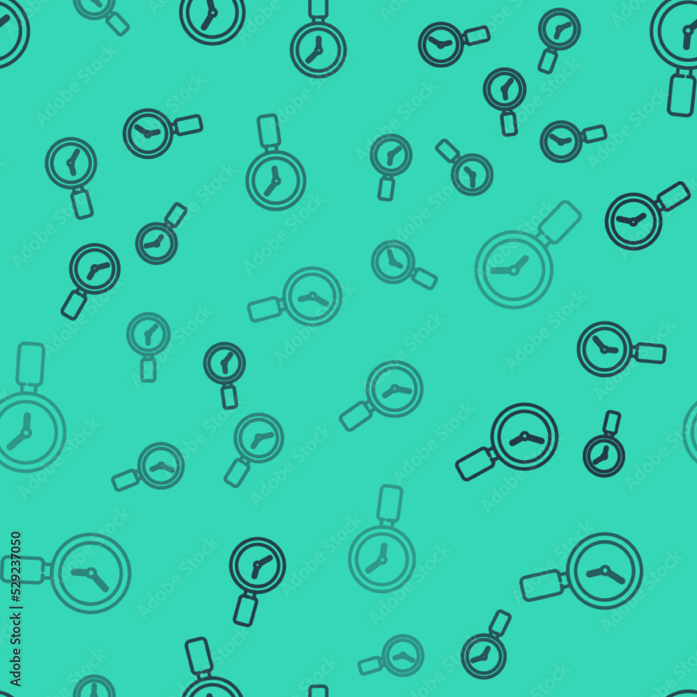 Poster black line magnifying glass with clock icon isolated seamless pattern on green background. vector
