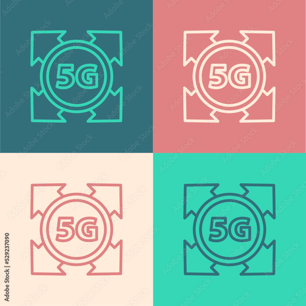 Poster pop art line 5g new wireless internet wifi connection icon isolated on color background. global netw