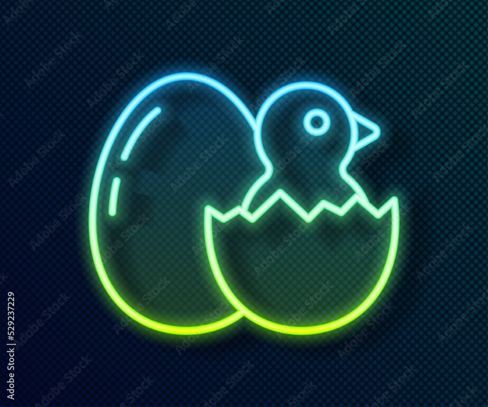 Wall mural glowing neon line little chick in cracked egg icon isolated on black background. vector