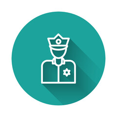 White line Police officer icon isolated with long shadow. Green circle button. Vector