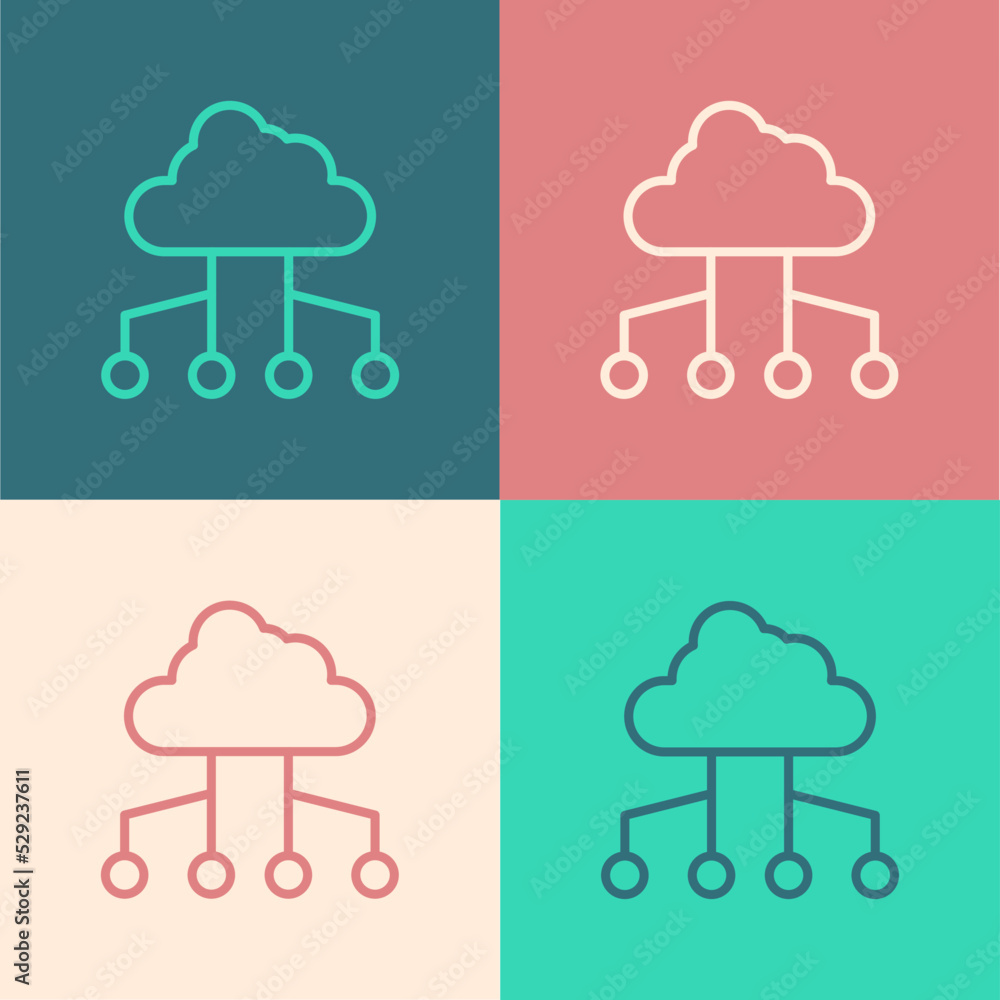 Poster pop art line network cloud connection icon isolated on color background. social technology. cloud co