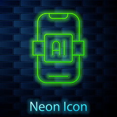 Glowing neon line Artificial intelligence AI icon isolated on brick wall background. Machine learning, cloud computing, automated support assistance and networks. Vector