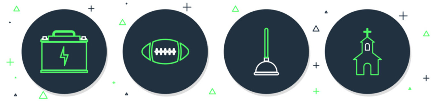 Set line American Football ball, Rubber plunger, Car battery and Church building icon. Vector