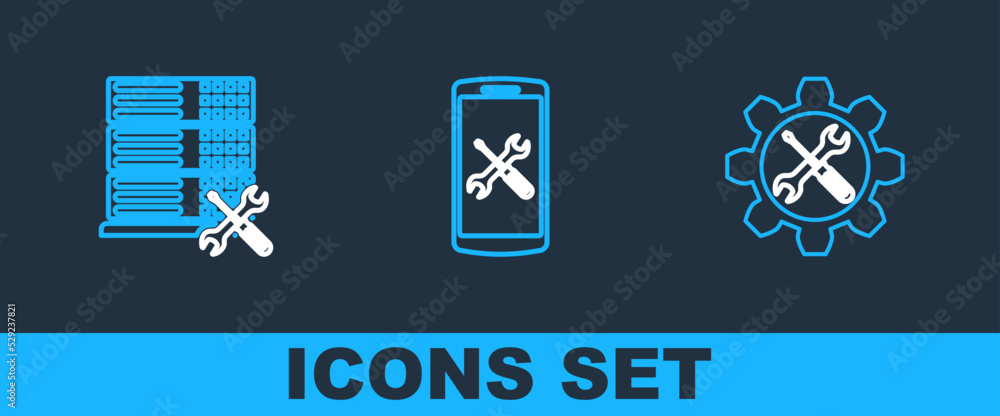 Poster set line wrench and screwdriver in gear, database server service and smartphone icon. vector